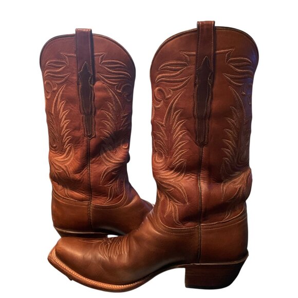 Lucchese Handmade Brown Leather Cowboy Boots Square Toe Mens Sz 10 USA - Picture 8 of 13